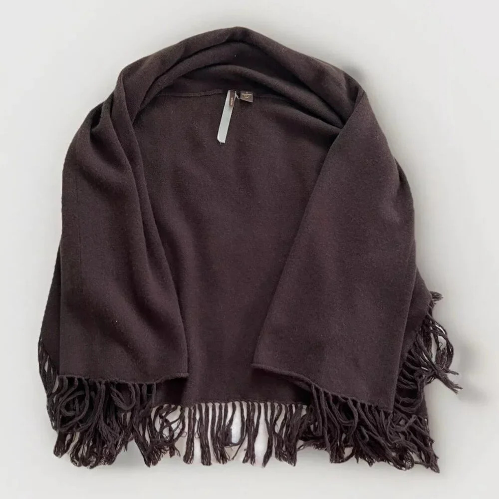 Wilster 100 Cashmere Brown Fringe Poncho Long Cardigan Wrap Small Western Luxury